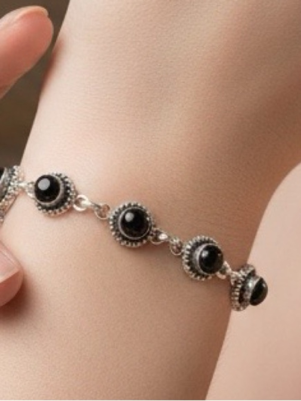 Sterling Silver Black onyx Stone Link Bracelet - Elegant Women's Jewelry